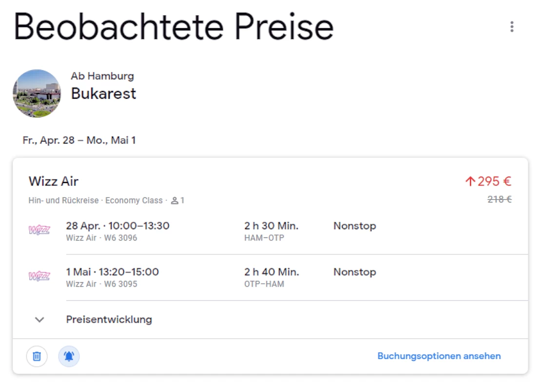 Google Flights - Beobachtete Preise