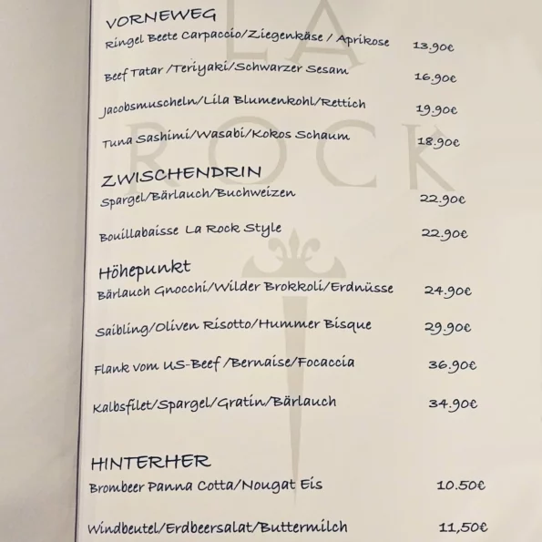 Restaurant La Rock - Menükarte Stand April23